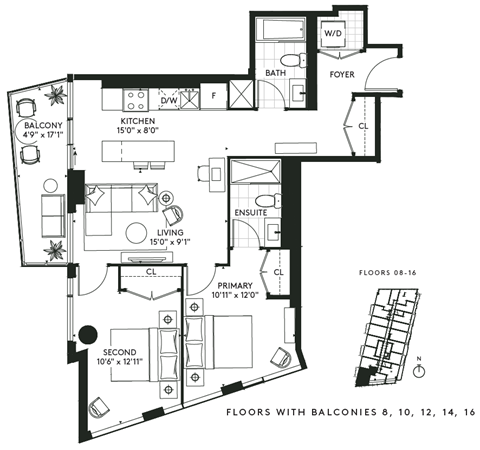 Floor plan for 2 beds, 2 baths, 862 sqft